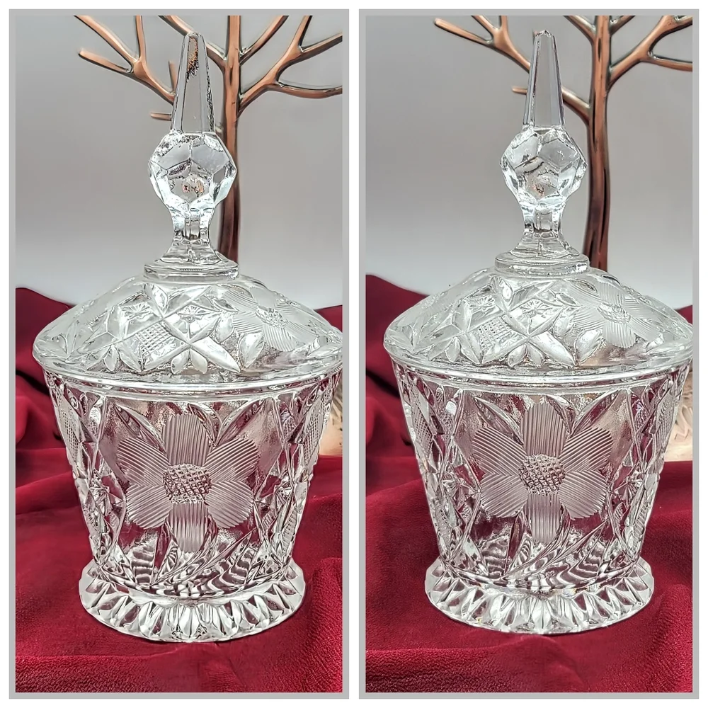 Pressed Crystal Creamer Sugar Bowl Lid Tray Floral Daisy Diamond Pattern Vintage
